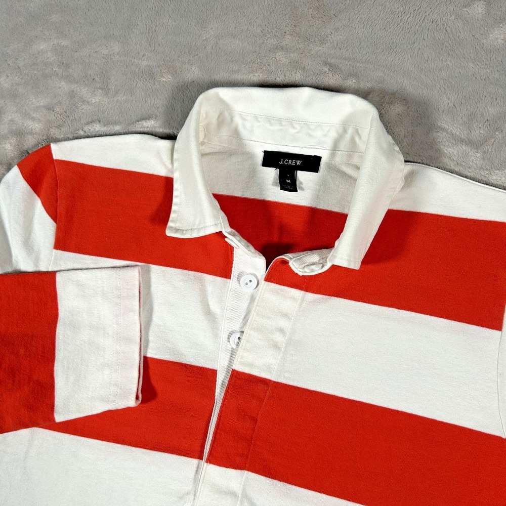 J. Crew Rugby Polo Shirt Men Medium White Orange Striped Preppy 90's Long Sleeve